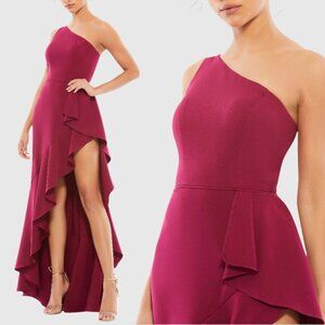 Mac Duggal 49089 Size 0 Berry Red One Shoulder High Slit Ruffle Maxi Dress Gown